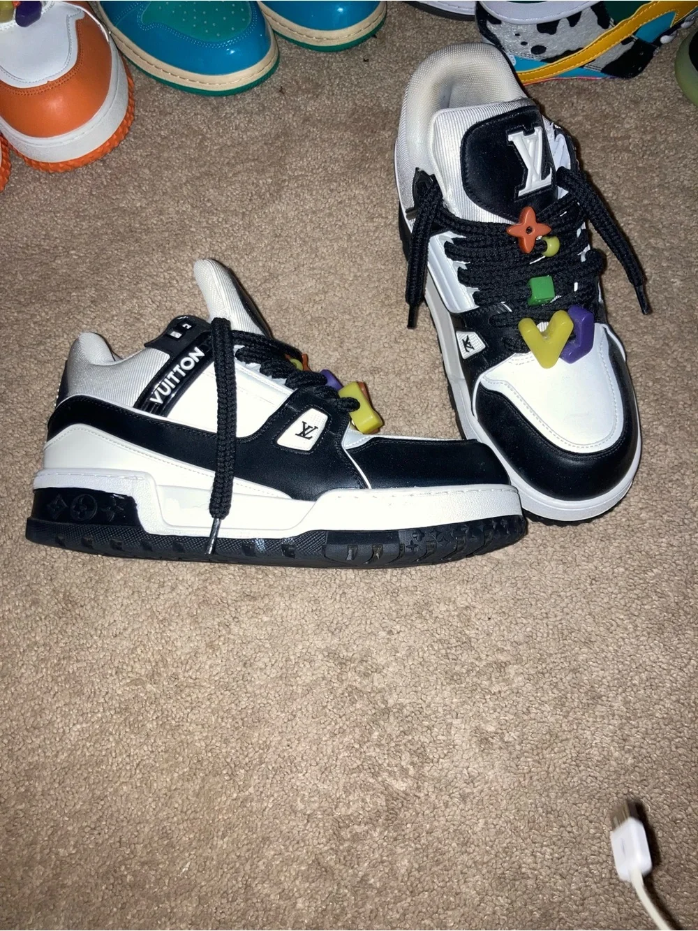 Louis Vuitton Black and White Sneakers with Multicolor Charms